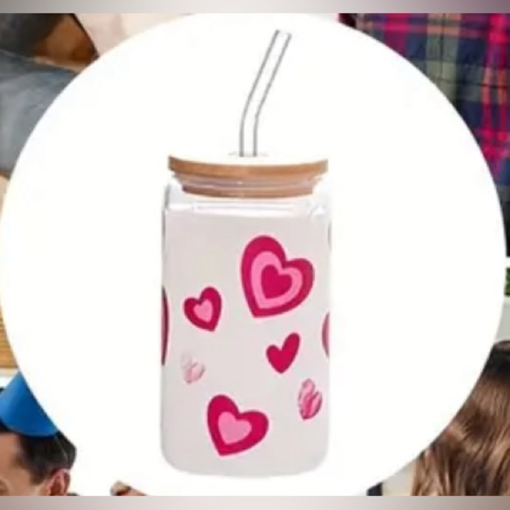 Ice Coffee glass Cup With Bamboo Lid Glass Straw High Borosilicate 16oz Hearts